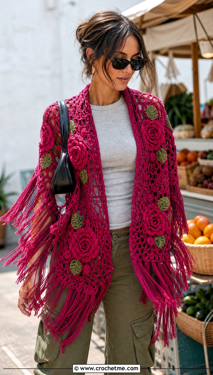 Fringed Rose Shawl With Cargo Pants - 20 Crochet Rose Shawl outfit ideas