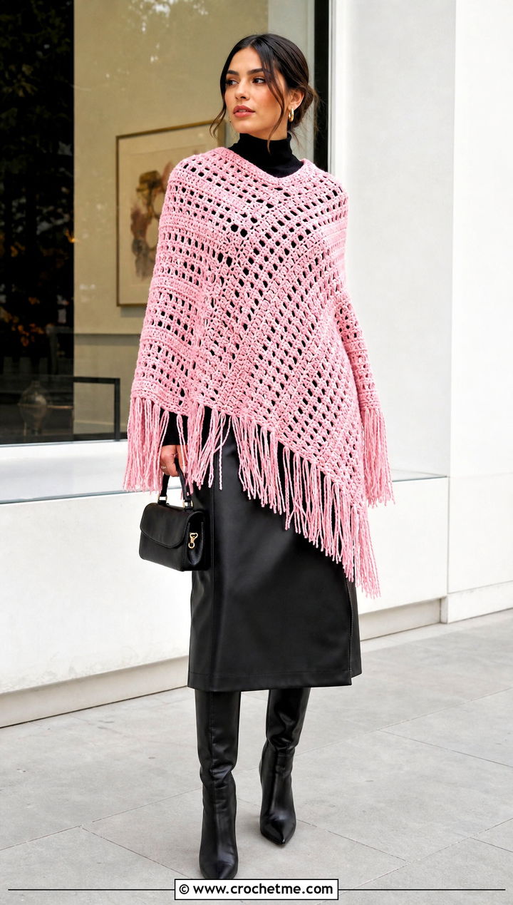 Fringed Serape Crochet Clint Eastwood Poncho With Leather Midi Skirt - 15 Crochet Clint Eastwood Poncho outfit ideas