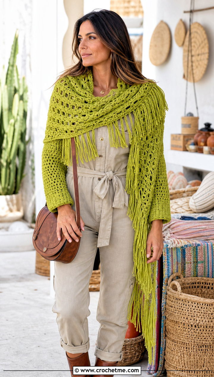 Fringed Shawl Scarf With Sleeves And Utility Jumpsuit - 15 Crochet For Scarf With Sleeves outfit ideas