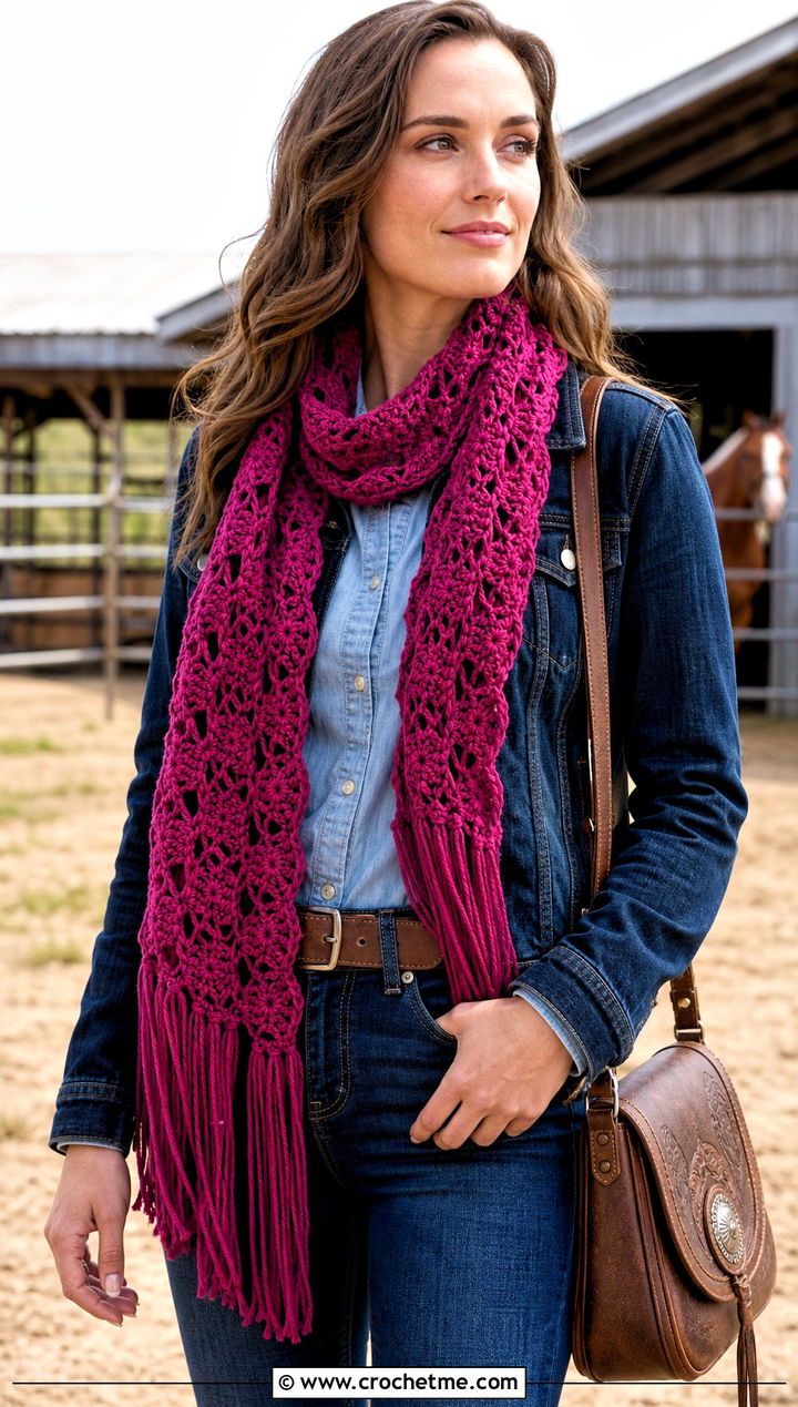 Fringed Shell Crochet Scarf With Western Denim - 20 Shell Crochet Scarf outfit ideas