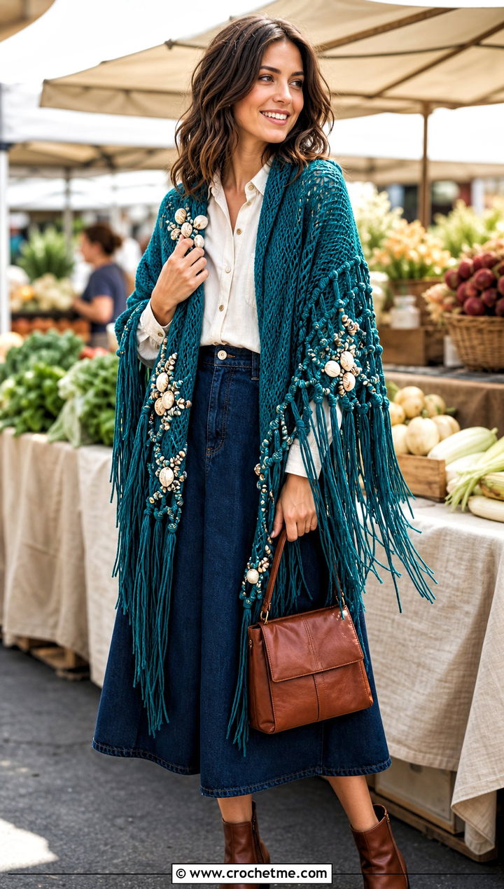 Fringed Shell Shawl With Denim Skirt - 20 Crochet Shell Shawl outfit ideas
