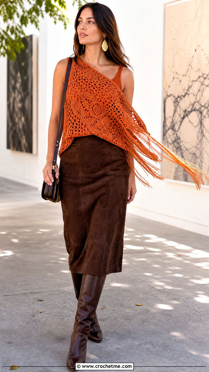 Fringed Side Crochet Asymmetrical Top With Suede Midi Skirt - 35 crochet asymmetrical top outfit ideas