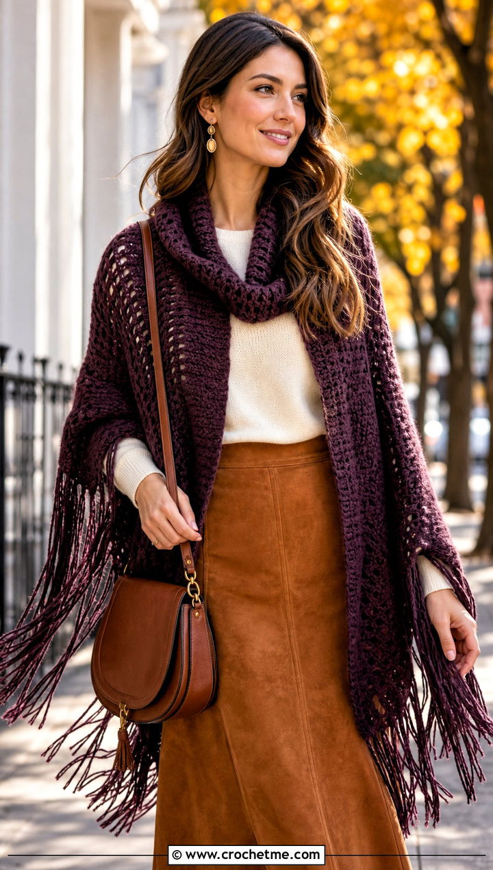 Fringed Sleeve Scarf With Suede Skirt - 25 crochet double sleeve scarf outfit ideas