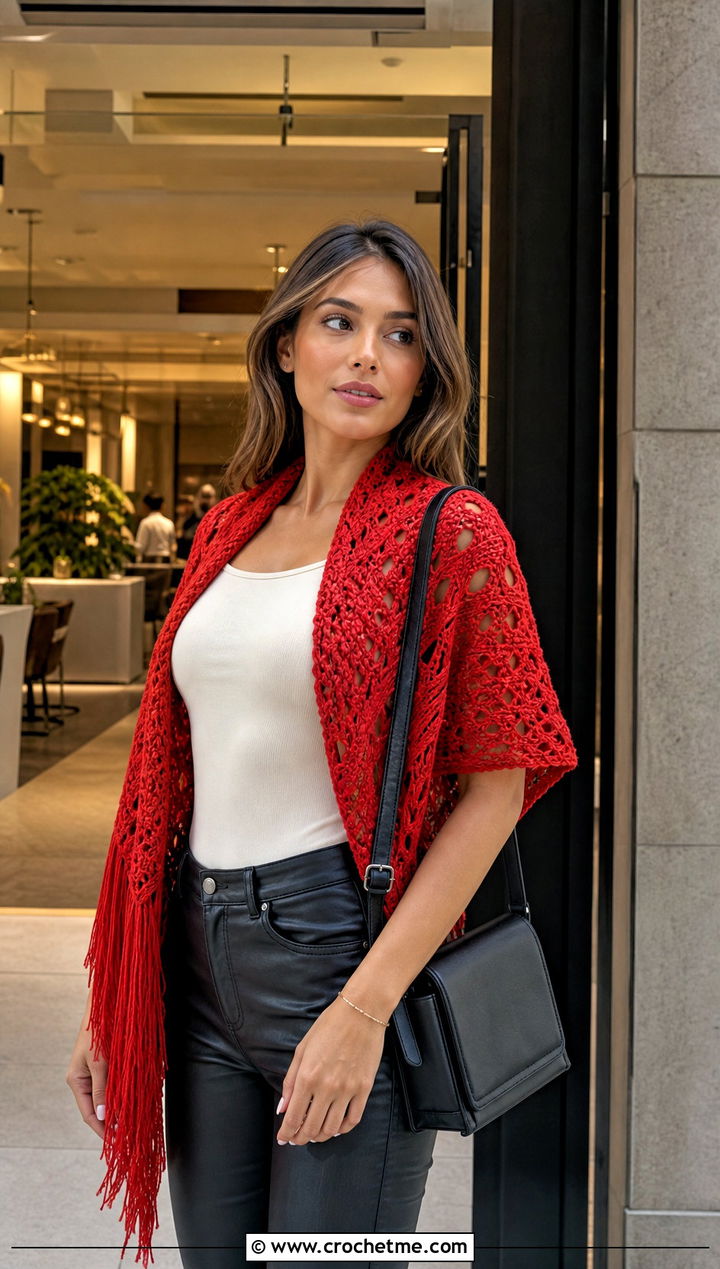 Fringed Sleeved Crochet Scarf With Leather Pants - 25 Sleeved Crochet Scarf outfit ideas