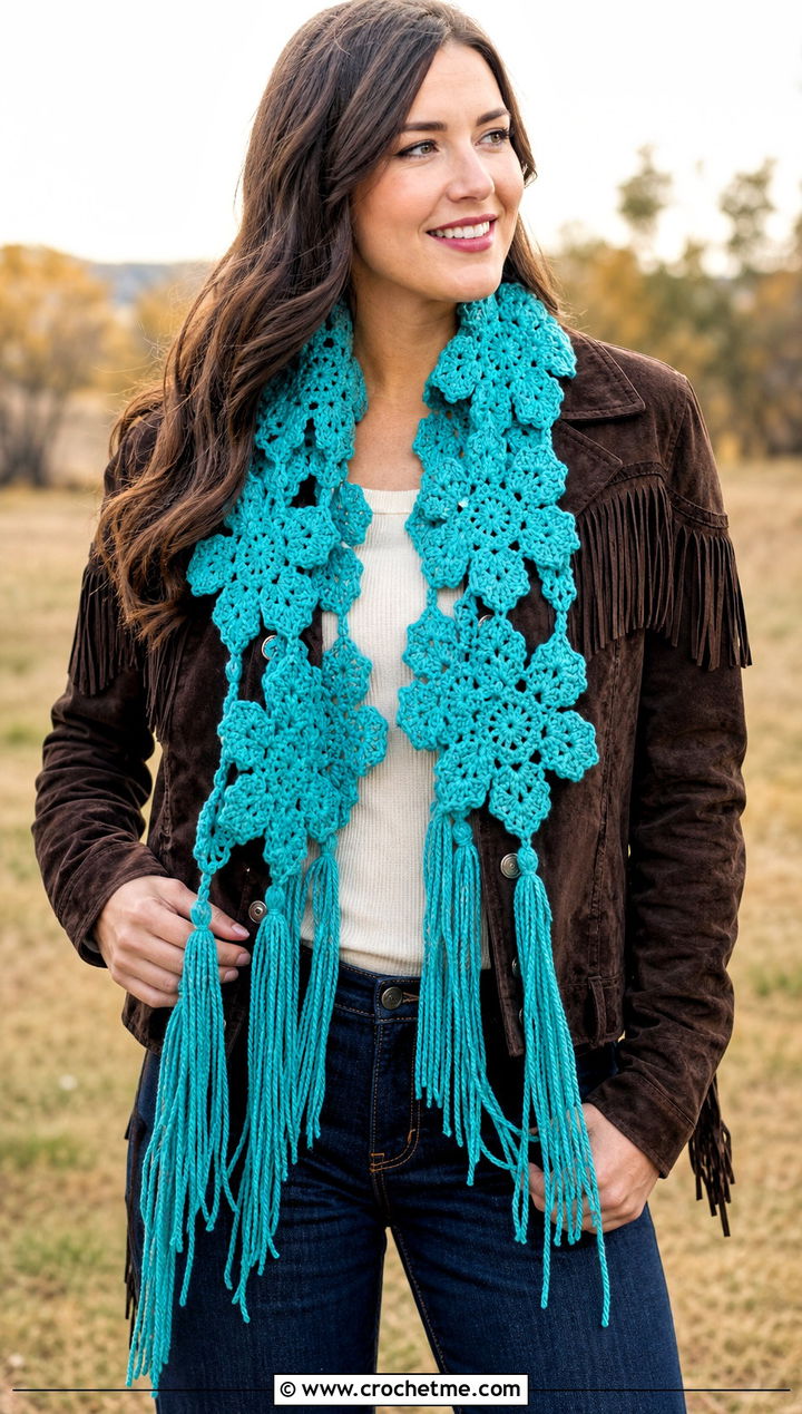 Fringed Snowflake Crochet Scarf With Western Jacket - 25 Snowflake Crochet Scarf outfit ideas