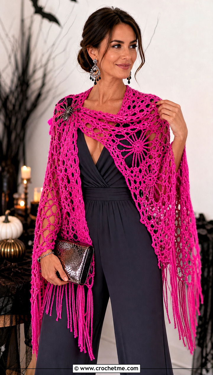 Fringed Spider Lace Crochet Halloween Shawl With Jumpsuit - 20 Crochet Halloween Shawl outfit ideas