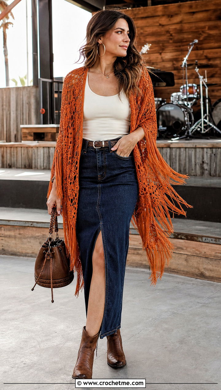 Fringed Spiderweb Crochet Shawl With Denim Skirt - 30 spiderweb crochet shawl outfit ideas