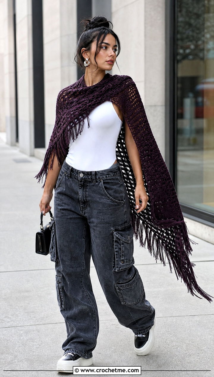 Fringed Square Crochet Shawl With Cargo Jeans - 25 Square Crochet Shawl outfit ideas