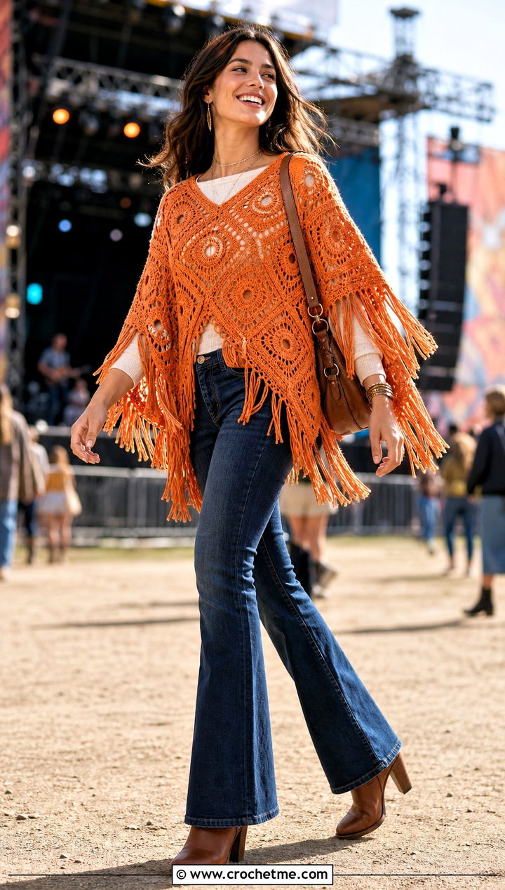 Fringed Square Poncho With Flared Jeans - 30 crochet square poncho outfit ideas