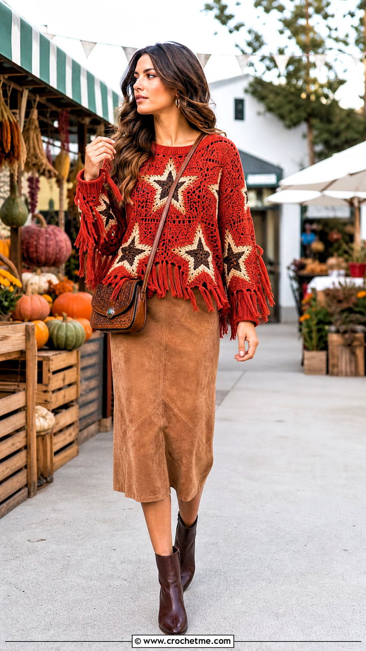 Fringed Star Sweater With Suede Midi Skirt - 35 crochet star sweater outfit ideas