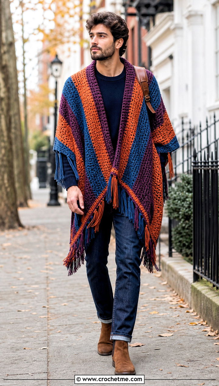 Fringed Striped Crochet Poncho With Dark Denim - 30 men crochet poncho outfit ideas