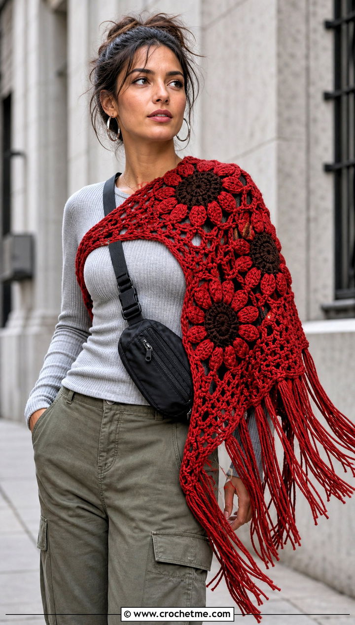 Fringed Sunflower Crochet Shawl With Cargo Pants - 20 Sunflower Crochet Shawl outfit ideas