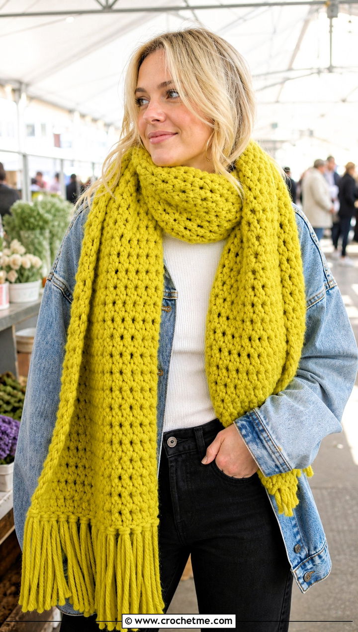 Fringed Super Bulky Crochet Scarf With Denim Jacket - 15 Super Bulky Crochet Scarf outfit ideas