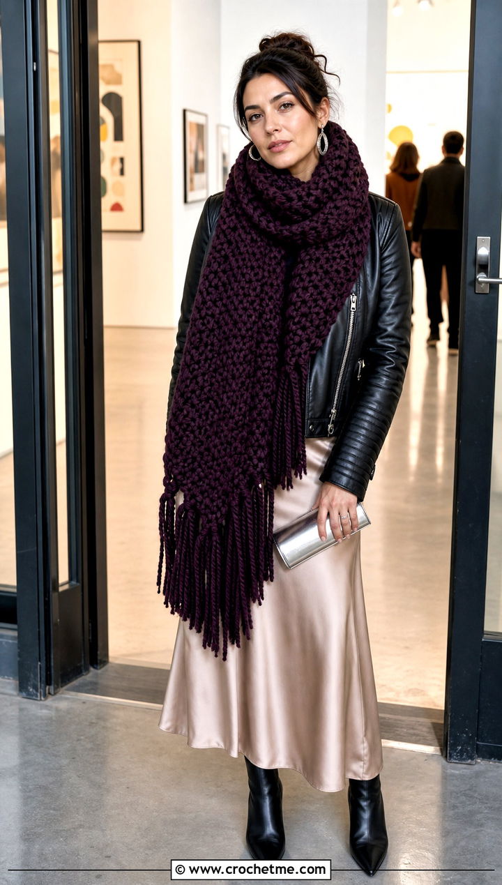 Fringed Super Bulky Crochet Scarf With Leather Jacket - 15 Crochet For Scarves Using Bulky Yarn outfit ideas