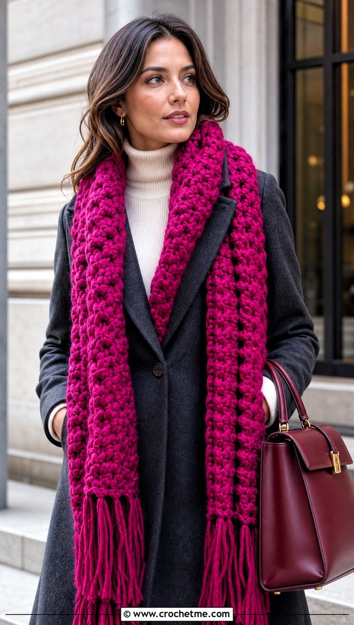 Fringed Super Chunky Crochet Scarf With Tailored Coat - 25 Super Chunky Crochet Scarf outfit ideas