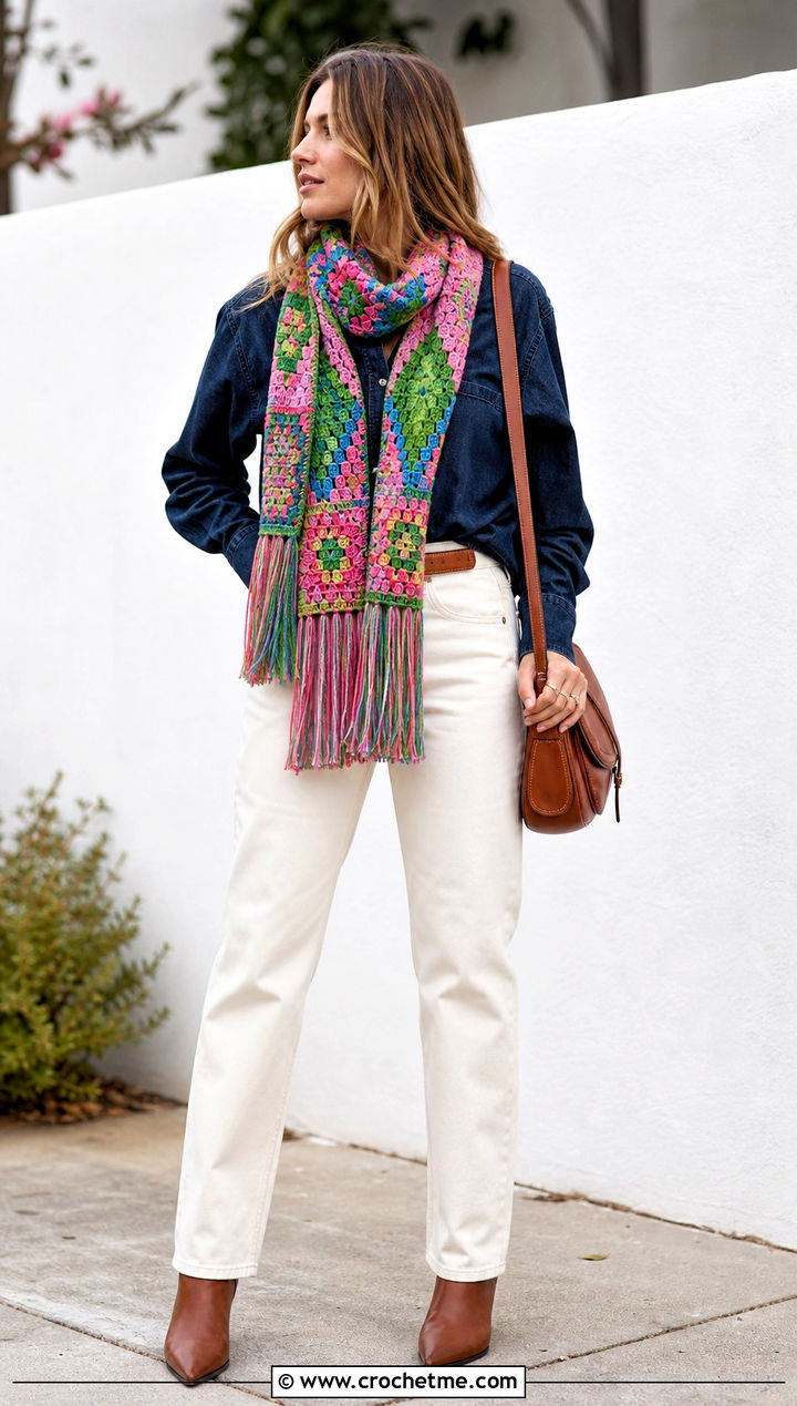 Fringed Tapestry Crochet Scarf With Western Denim - 35 tapestry crochet scarf outfit ideas