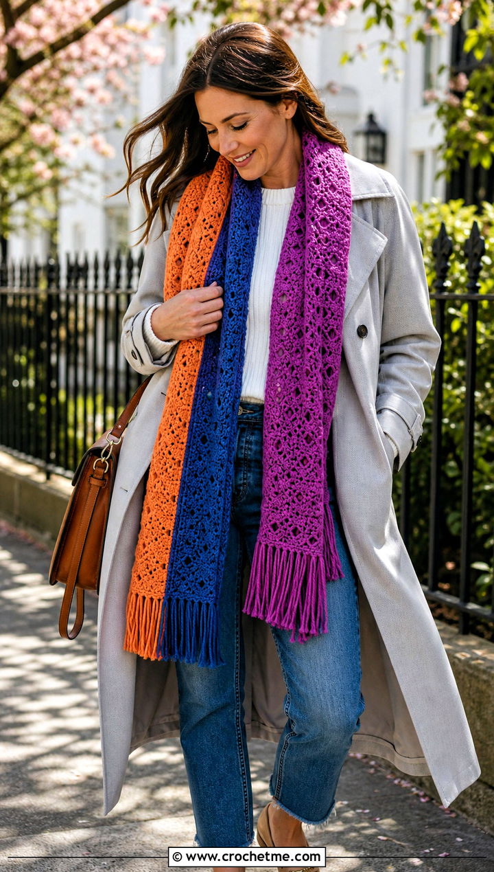 Fringed Temperature Scarf With Trench Coat - 30 crochet temperature scarf outfit ideas