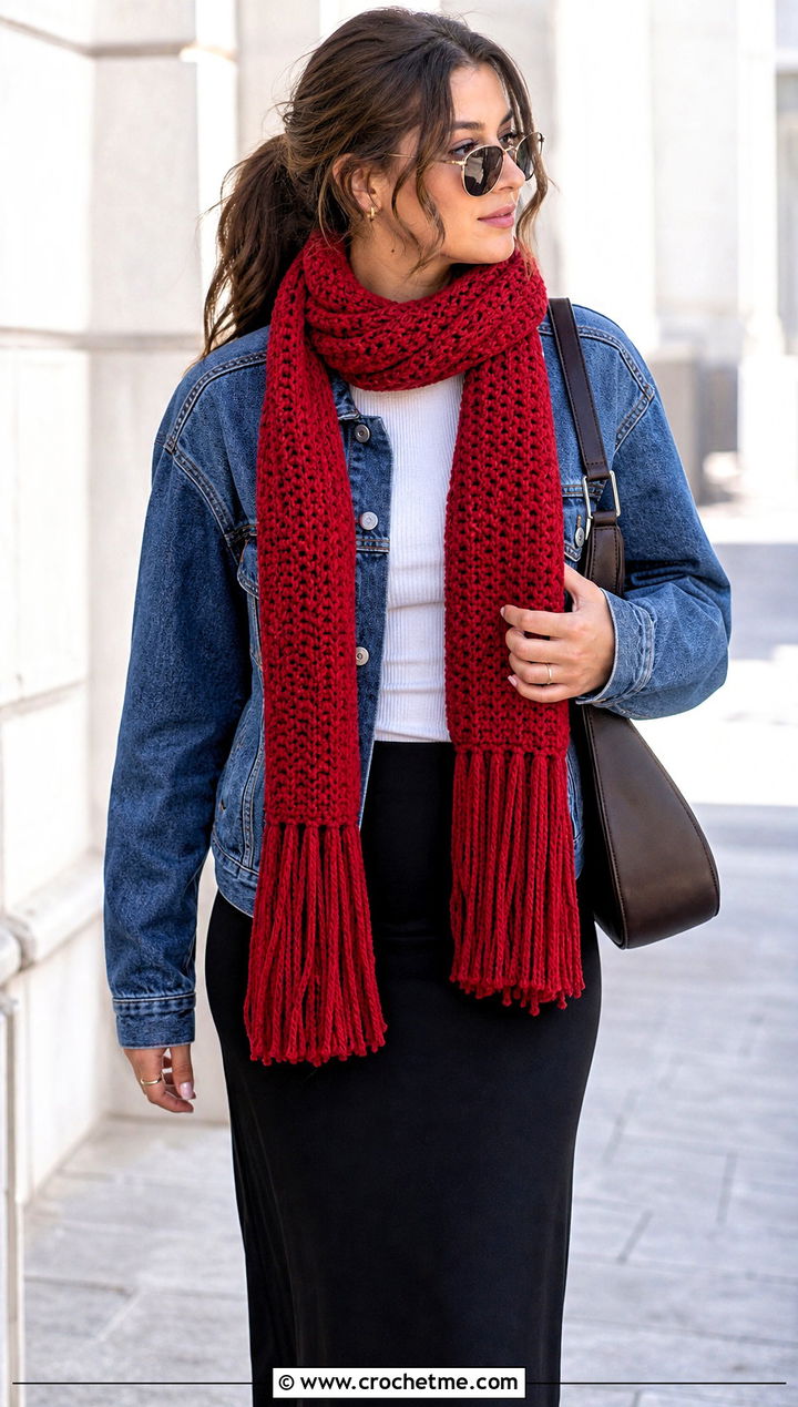 Fringed Thermal Stitch Crochet Scarf With Denim Jacket - 20 Thermal Stitch Crochet Scarf outfit ideas