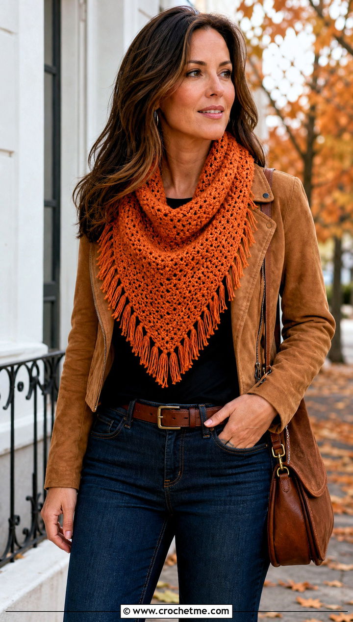 Fringed Triangle Cowl With Suede Jacket - 30 crochet triangle cowl outfit ideas