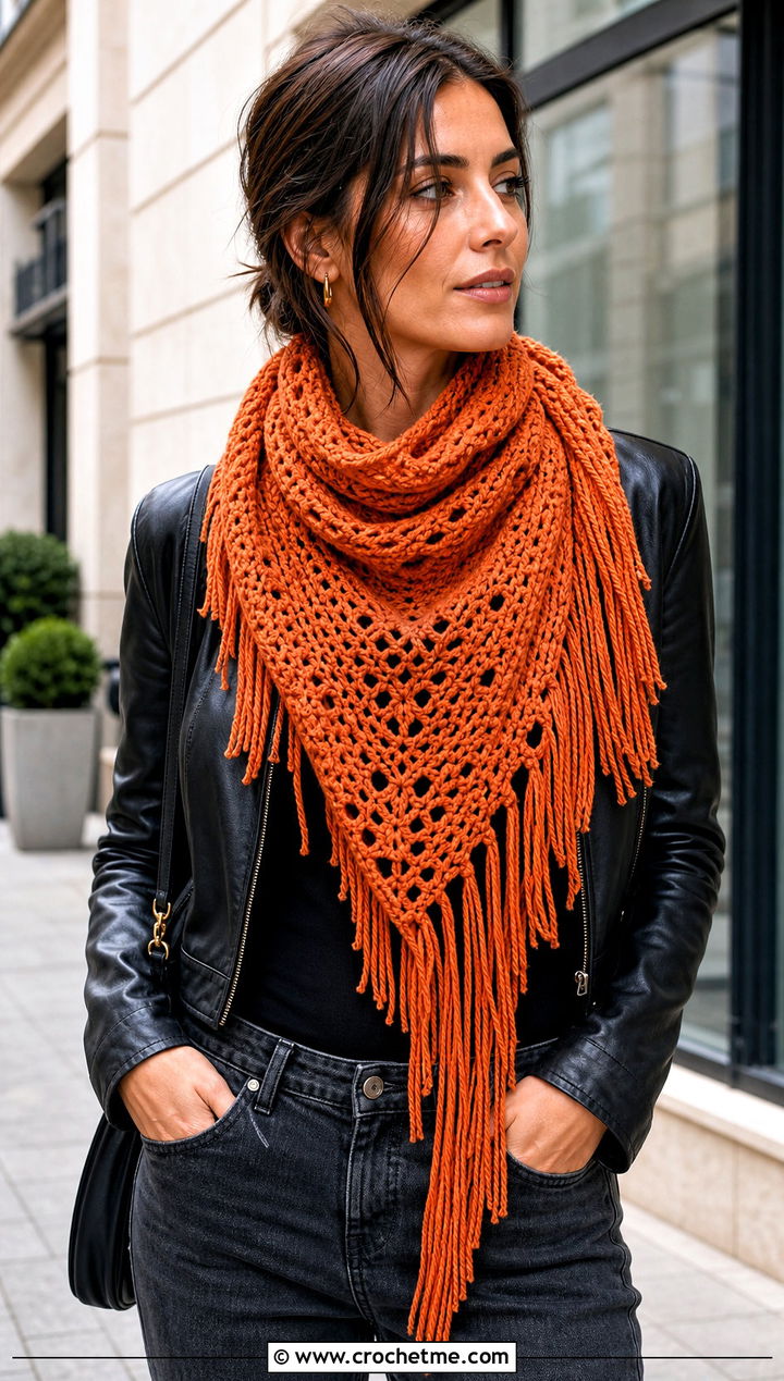 Fringed Triangle Crochet Scarf With Leather Jacket - 15 Boho Triangle Crochet Scarf outfit ideas