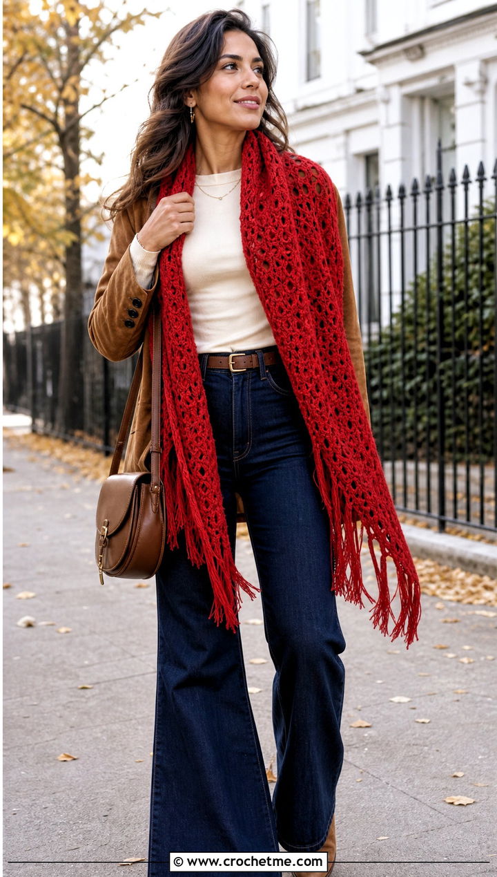 Fringed Triangle Crochet Shawl Scarf With Flare Jeans - 30 crochet shawl scarf outfit ideas
