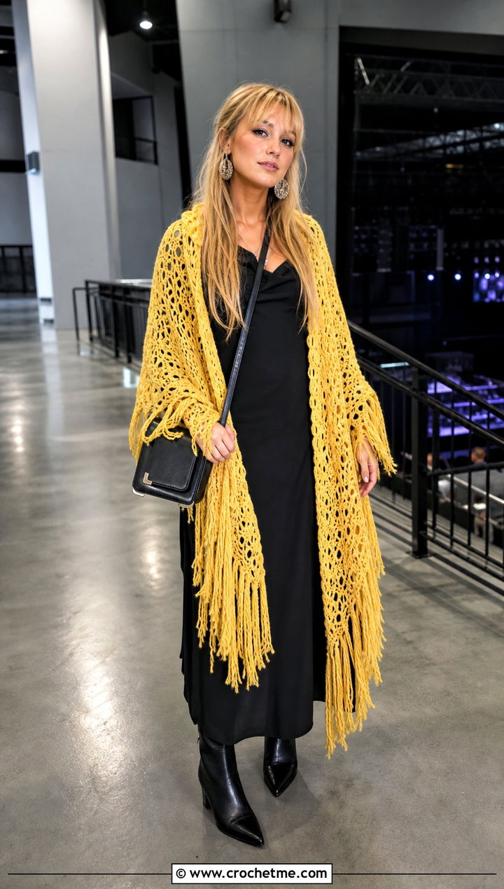 Fringed Triangle Crochet Shawl With Black Maxi Dress - 25 Stevie Nicks Crochet Shawl outfit ideas