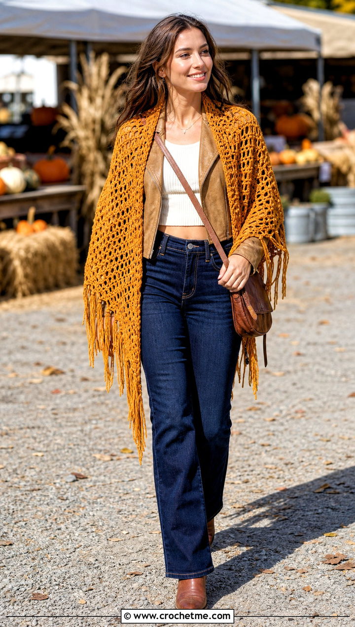Fringed Triangle Crochet Shawl With Bootcut Jeans - 35 easy crochet shawl outfit ideas