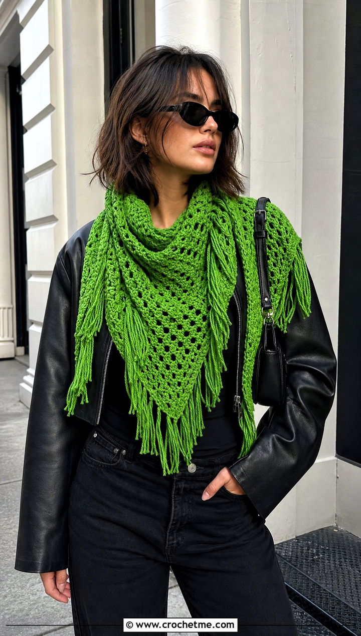 Fringed Triangle Crochet Shawl With Leather Jacket And Black Jeans - 30 easy triangle crochet shawl outfit ideas