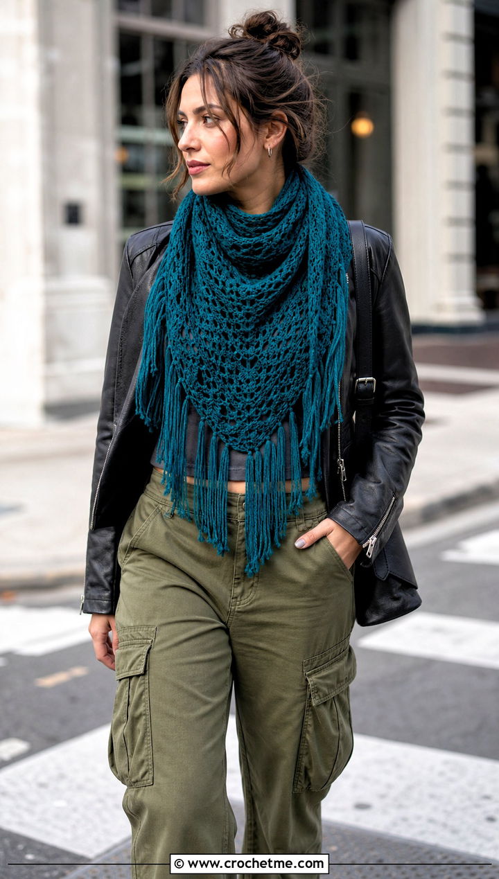 Fringed Triangle Crochet Shawl With Leather Jacket And Cargo Pants - 35 triangle crochet shawl outfit ideas