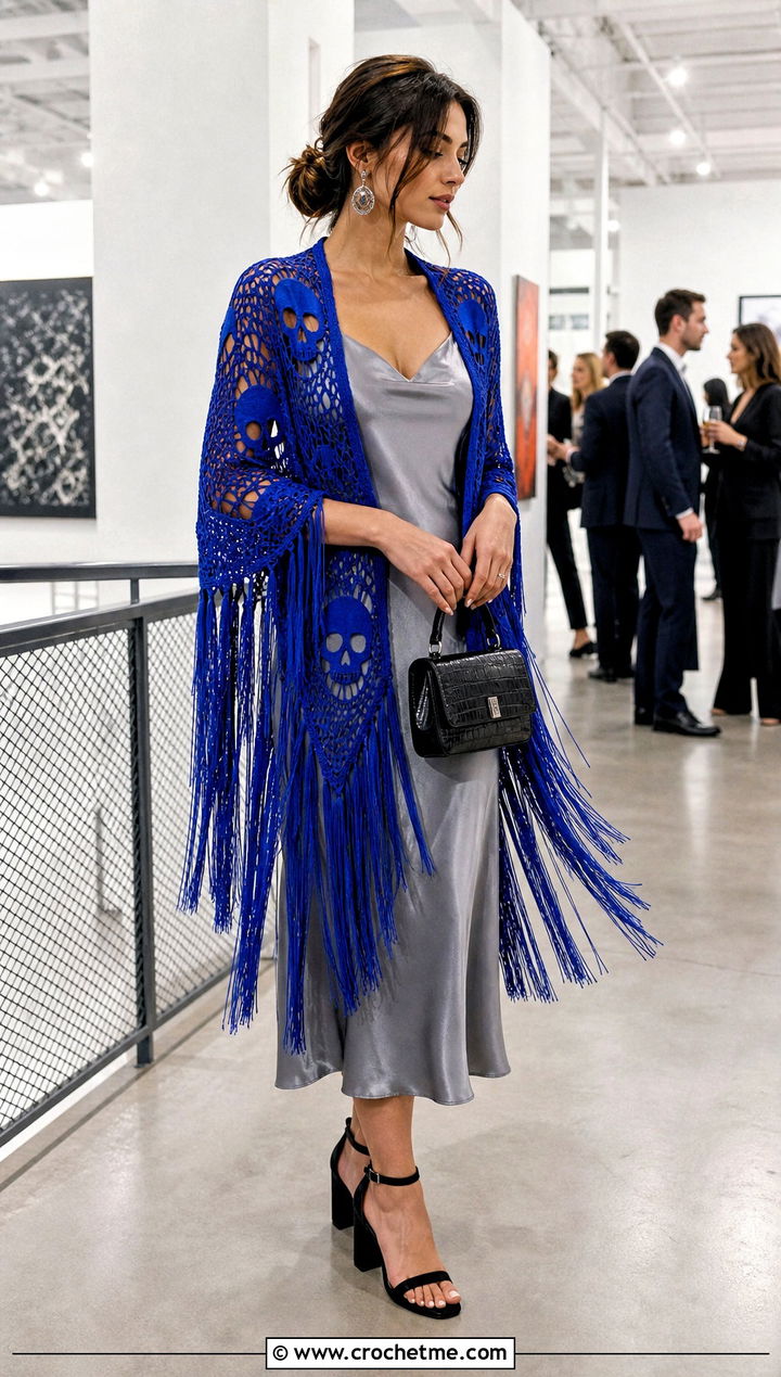 Fringed Triangle Crochet Skull Shawl With a Slip Dress - 35 crochet skull shawl outfit ideas