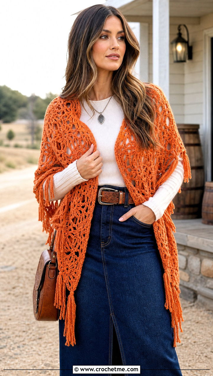 Fringed Triangle Crochet Spiderweb Shawl With Denim Skirt - 30 Crochet Spiderweb Shawl outfit ideas