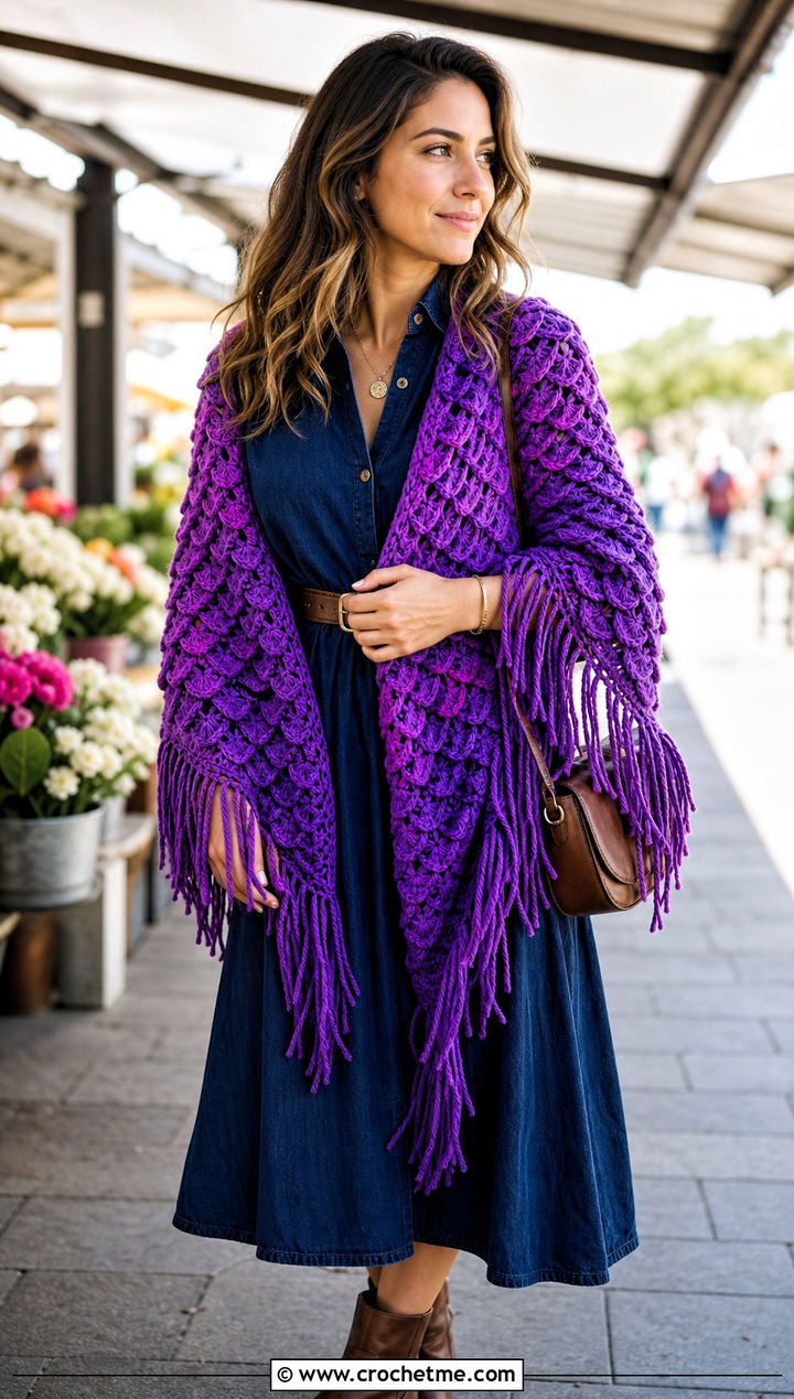 Fringed Triangle Crocodile Stitch Shawl With Denim Dress - 15 crocodile stitch crochet shawl outfit ideas