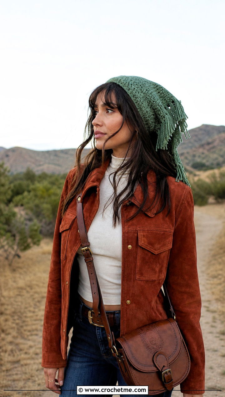 Fringed Triangle Headband With Suede Jacket And Flared Jeans - 30 crochet triangle headband outfit ideas
