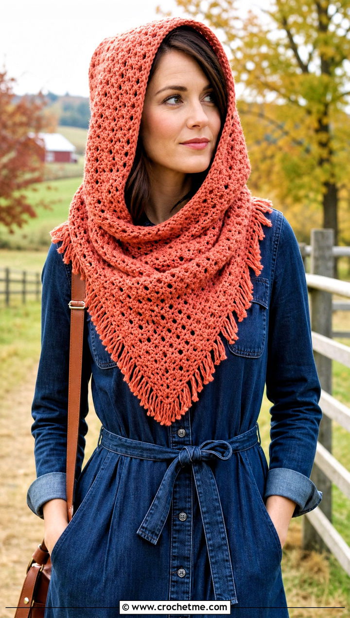 Fringed Triangle Hooded Crochet Cowl Snood With Denim Dress - 25 hooded crochet cowl snood outfit ideas