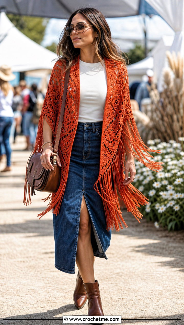 Fringed Triangle Lace Shawl With Denim Skirt - 25 Lacey Crochet Shawls outfit ideas