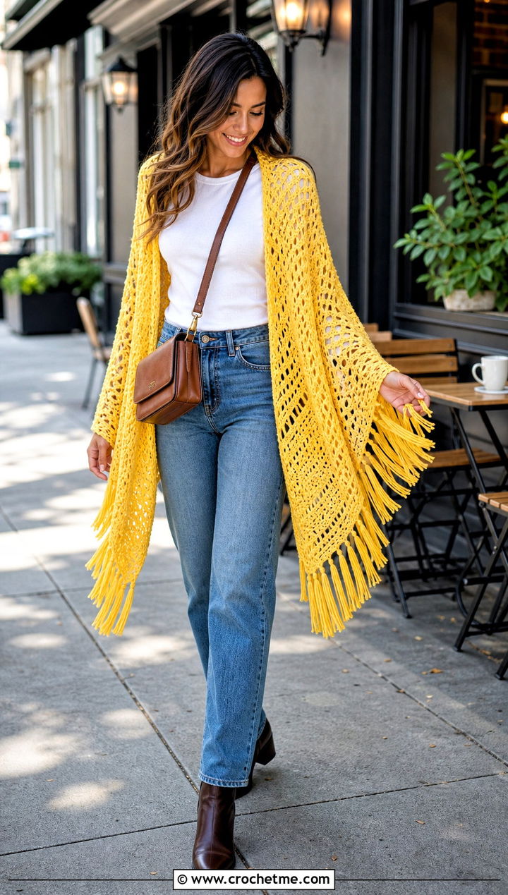 Fringed Triangle Shawl Crochet Cardigan With Straight Jeans - 25 Shawl Crochet Cardigan outfit ideas