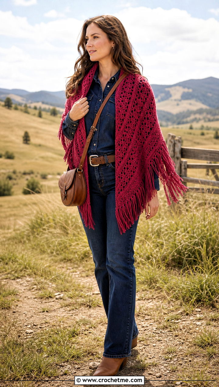 Fringed Triangle Shawl With Denim Shirt And Boots - 25 beautiful crochet shawls and wraps outfit ideas