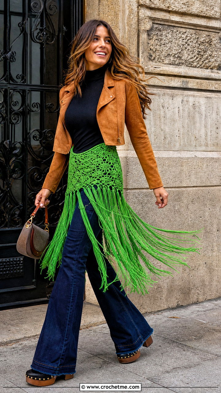 Fringed Triangle Shawl With Flared Jeans - 35 crochet triangle shawl outfit ideas