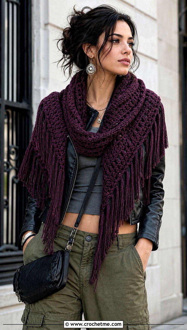 Fringed Triangle Shawl With Leather Jacket And Cargo Pants - 25 Victorian Crochet Shawl outfit ideas