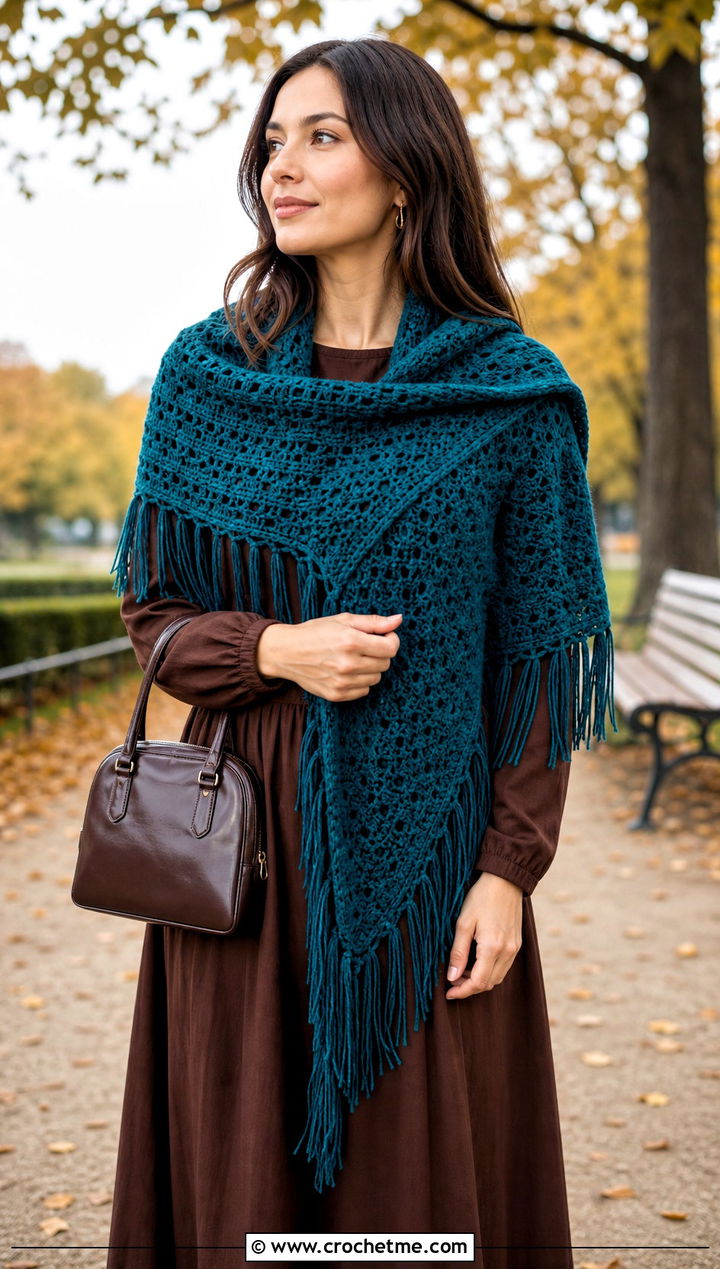 Fringed Triangle Shawl With Midi Dress And Boots - 30 easy crochet triangle shawl outfit ideas