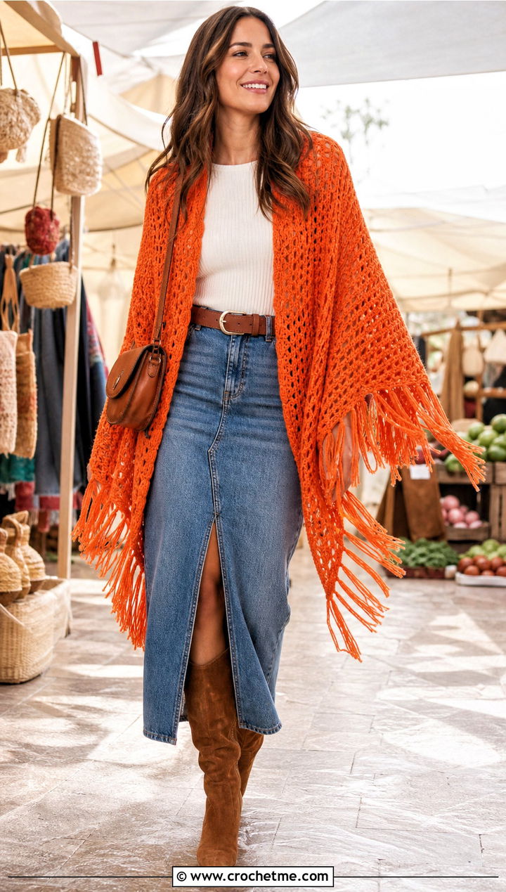 Fringed Triangle Waffle Shawl With Denim Midi Skirt - 15 Waffle Crochet Shawl outfit ideas