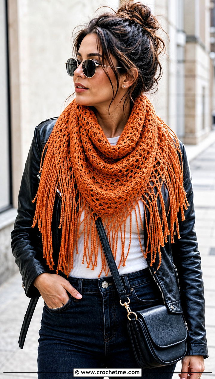 Fringed Triangular Crochet Shawl With Leather Jacket - 25 triangular crochet shawl outfit ideas