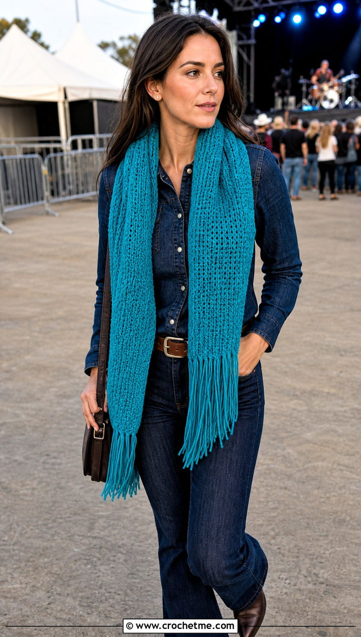 Fringed Tunisian Crochet Scarf With Western Shirt and Flare Jeans - 20 Easy Tunisian Crochet Scarf outfit ideas