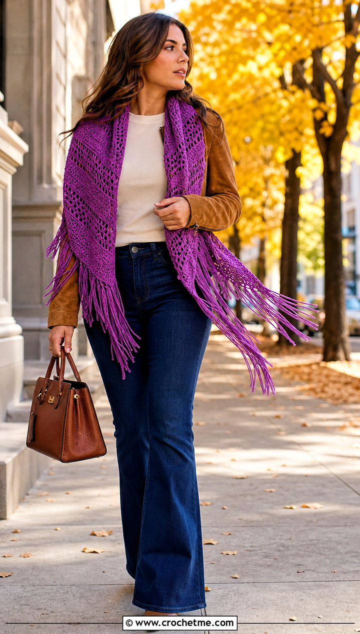 Fringed Tunisian Crochet Triangle Shawl With Suede Jacket - 25 Tunisian Crochet Triangle Shawl outfit ideas