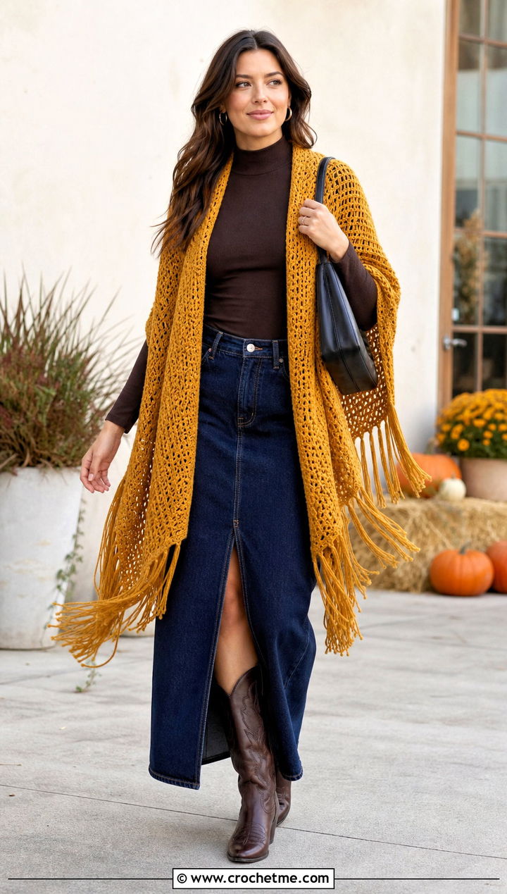 Fringed Tunisian Crochet Wrap With Denim Midi Skirt - 25 Tunisian Crochet Wrap outfit ideas