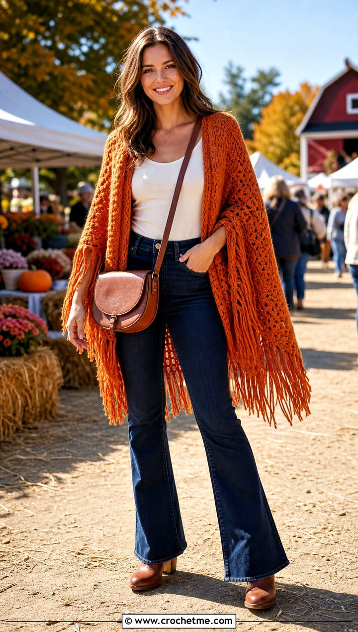 Fringed Tunisian Poncho With Flared Jeans - 30 tunisian crochet poncho outfit ideas