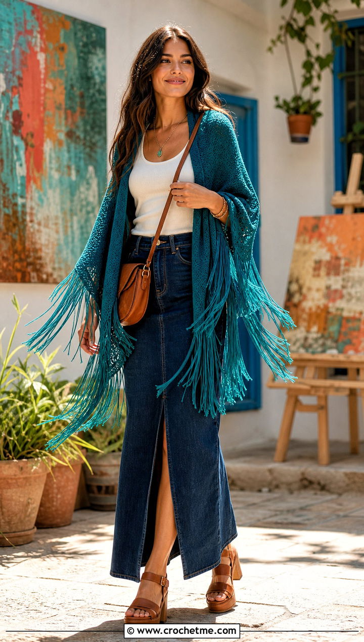 Fringed Tunisian Shawl With Denim Maxi Skirt - 35 tunisian crochet shawl outfit ideas