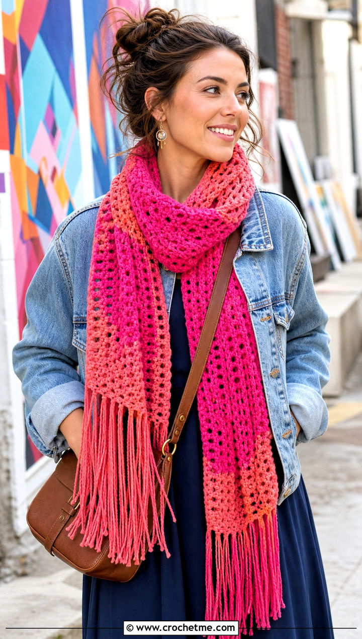 Fringed Two Tone Crochet Scarf With Maxi Dress - 25 two tone crochet scarf outfit ideas