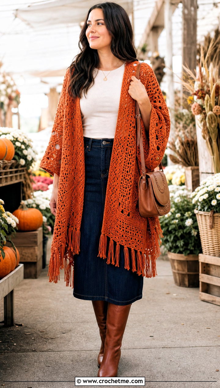 Fringed Uptown Crochet Poncho With Denim Midi Skirt - 15 Uptown Crochet Poncho outfit ideas
