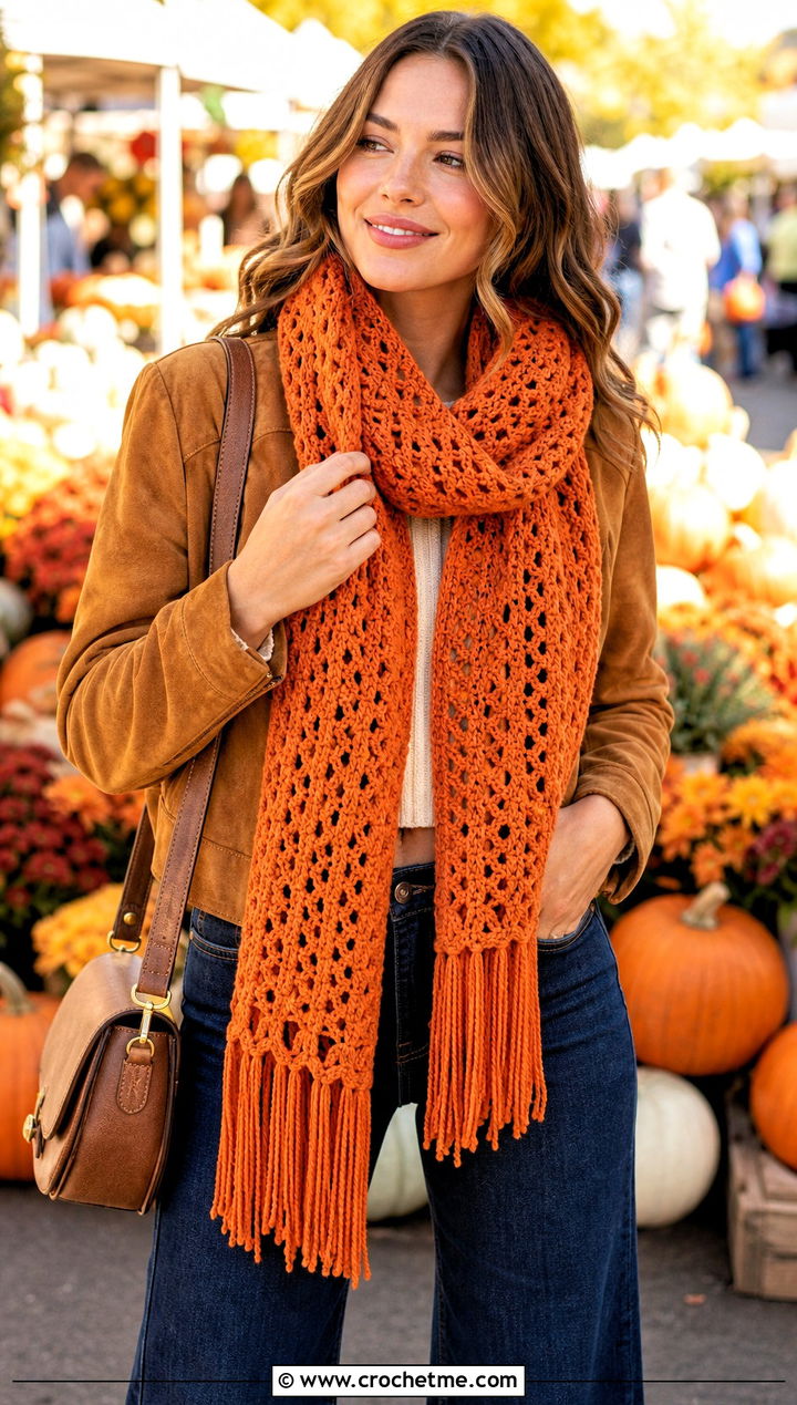 Fringed V Stitch Crochet Scarf With Suede Jacket - 25 v stitch crochet scarf outfit ideas